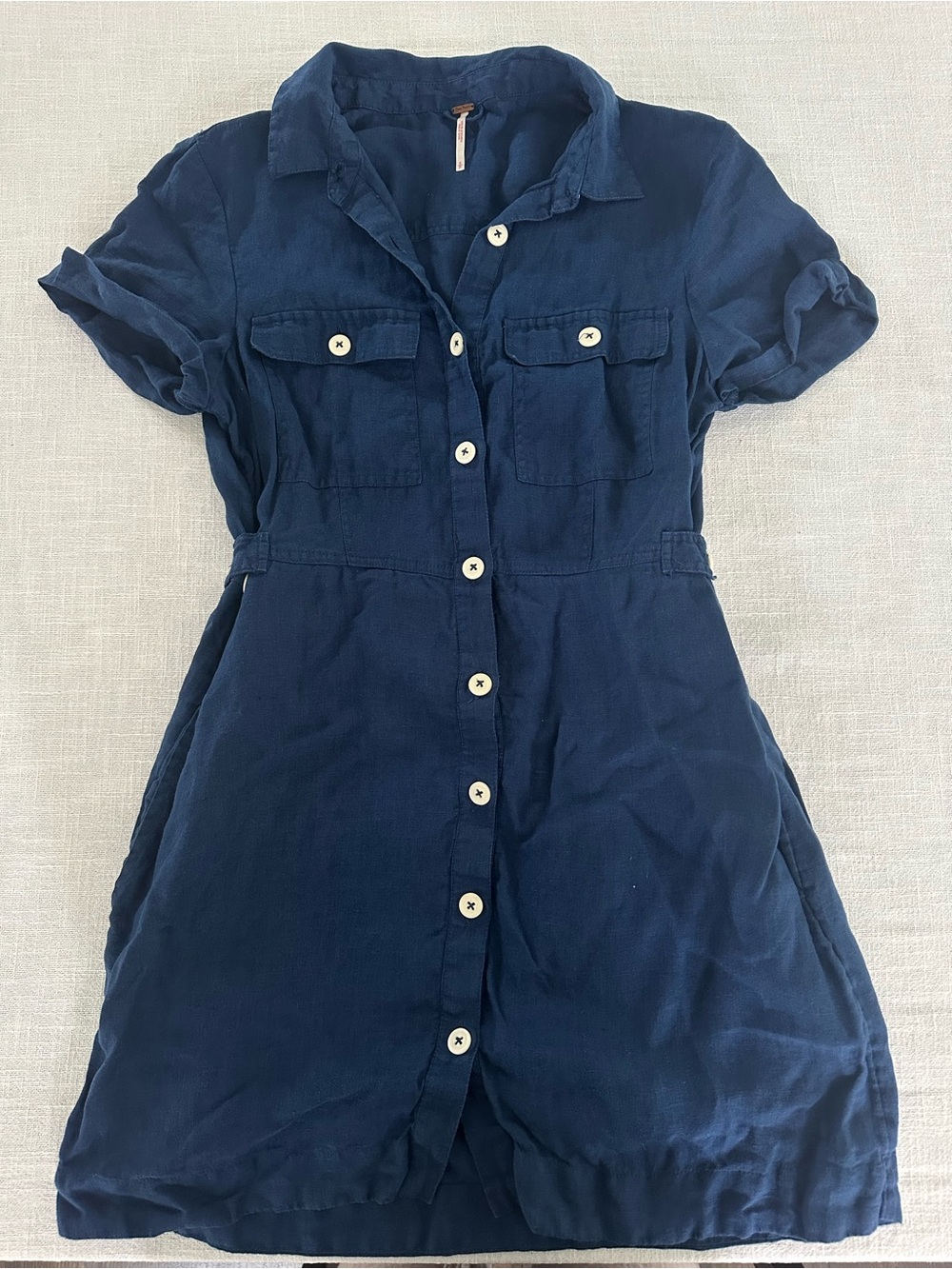 Free People Linen Navy Button-Front Shirt Dress